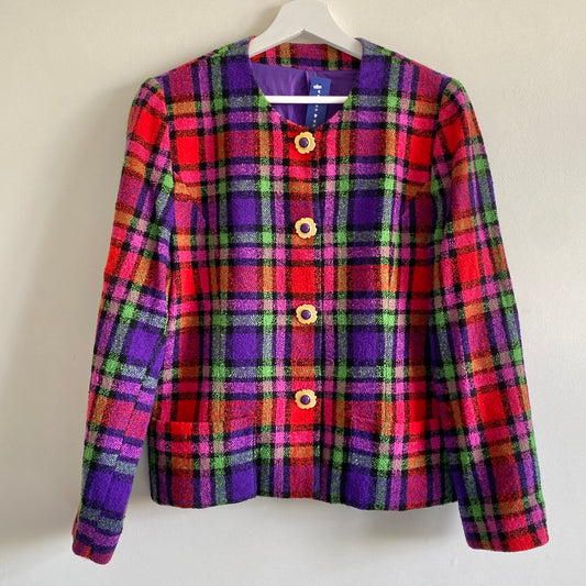 Late 80s vintage bright checked jacket By Betty Barclay Rounded neckline Button down front fastening with gold and purple large buttons Two front pockets Decorative button to cuff Fully lined