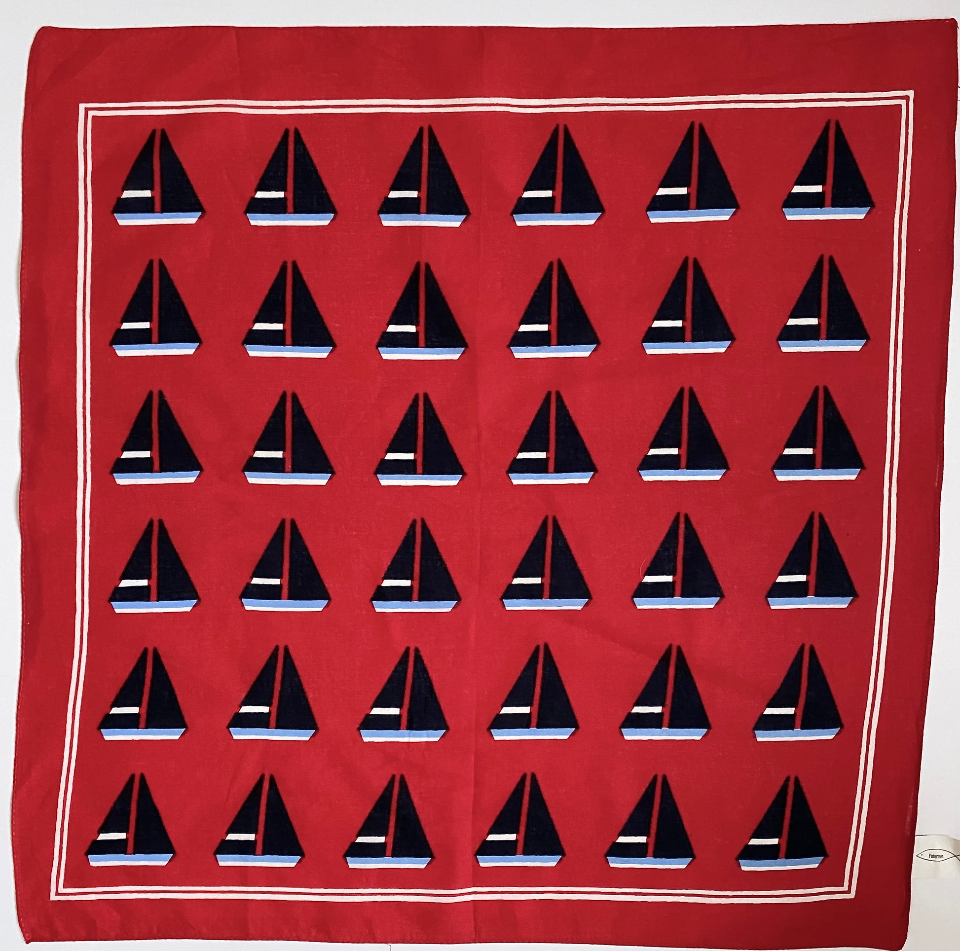 Red cotton vintage scarf square  Sailboat pattern 100% cotton Measures 21" x 21"