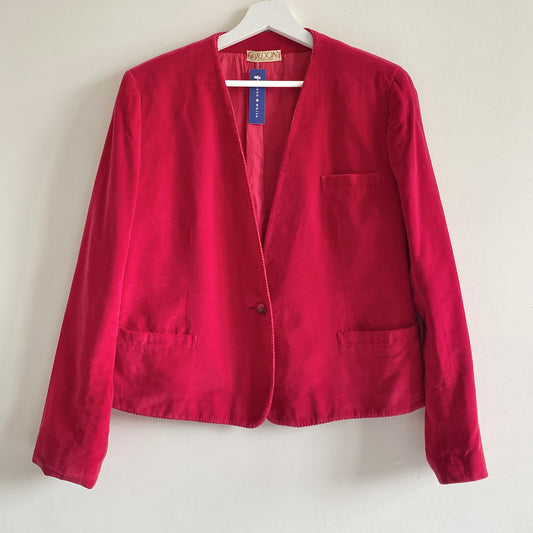 Vintage 80s red velvet jacket V neckline without collar Single button front fastening Chest pocket and 2 front pockets Two button detail to cuffs Fine braid edging Fully lined