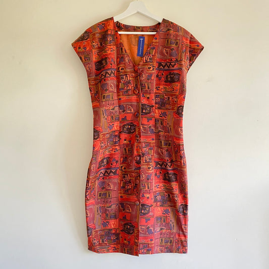 80s burnt orange vintage dress Abstract print V neckline Capped sleeves