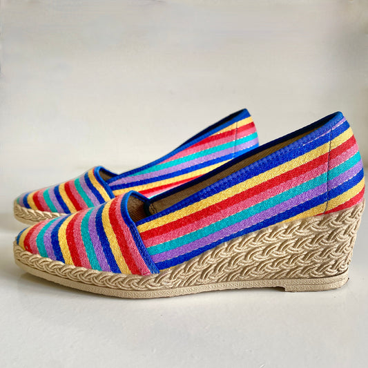 Vintage 80s rainbow stripe wedge shoes By St. Michael Fabric uppers Rubber wedge soles Size UK 4 37 Euro Heel height 2.5"