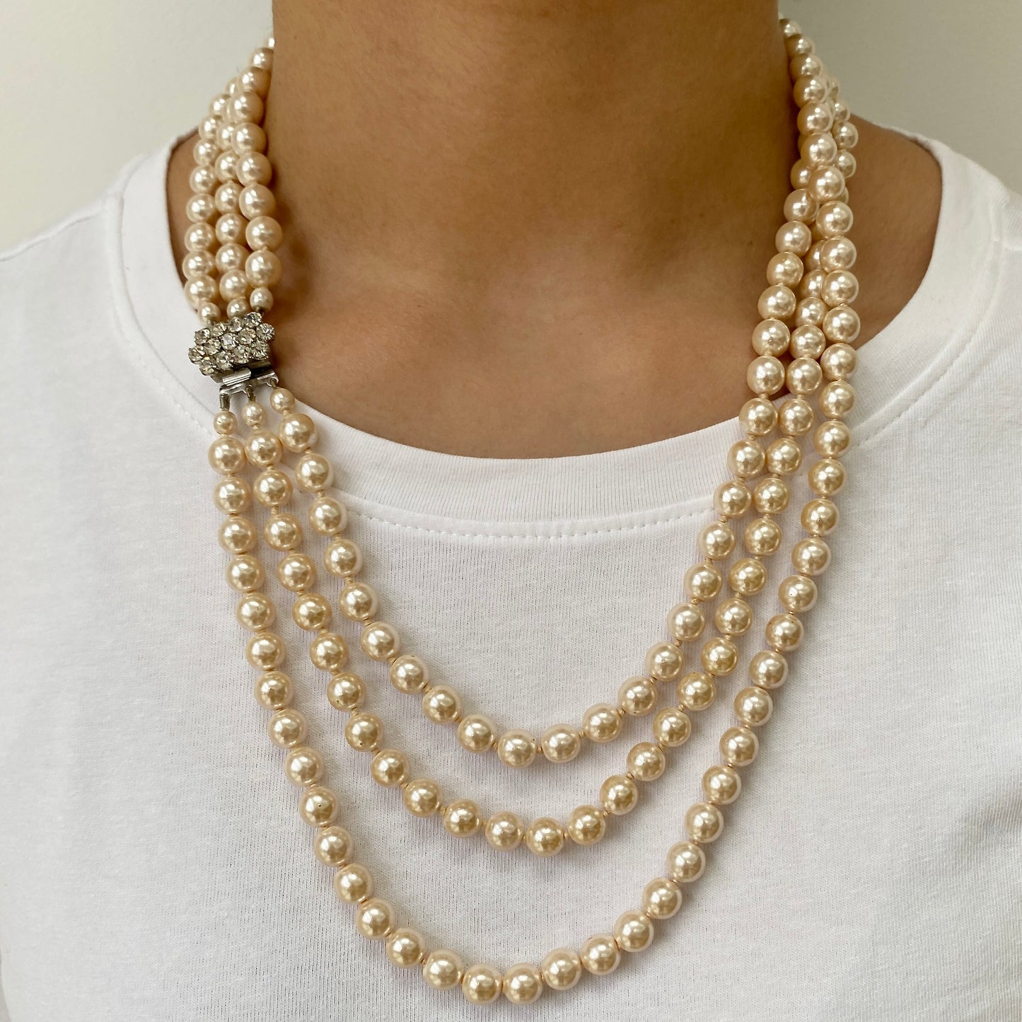 vintage faux pearl three strand necklace