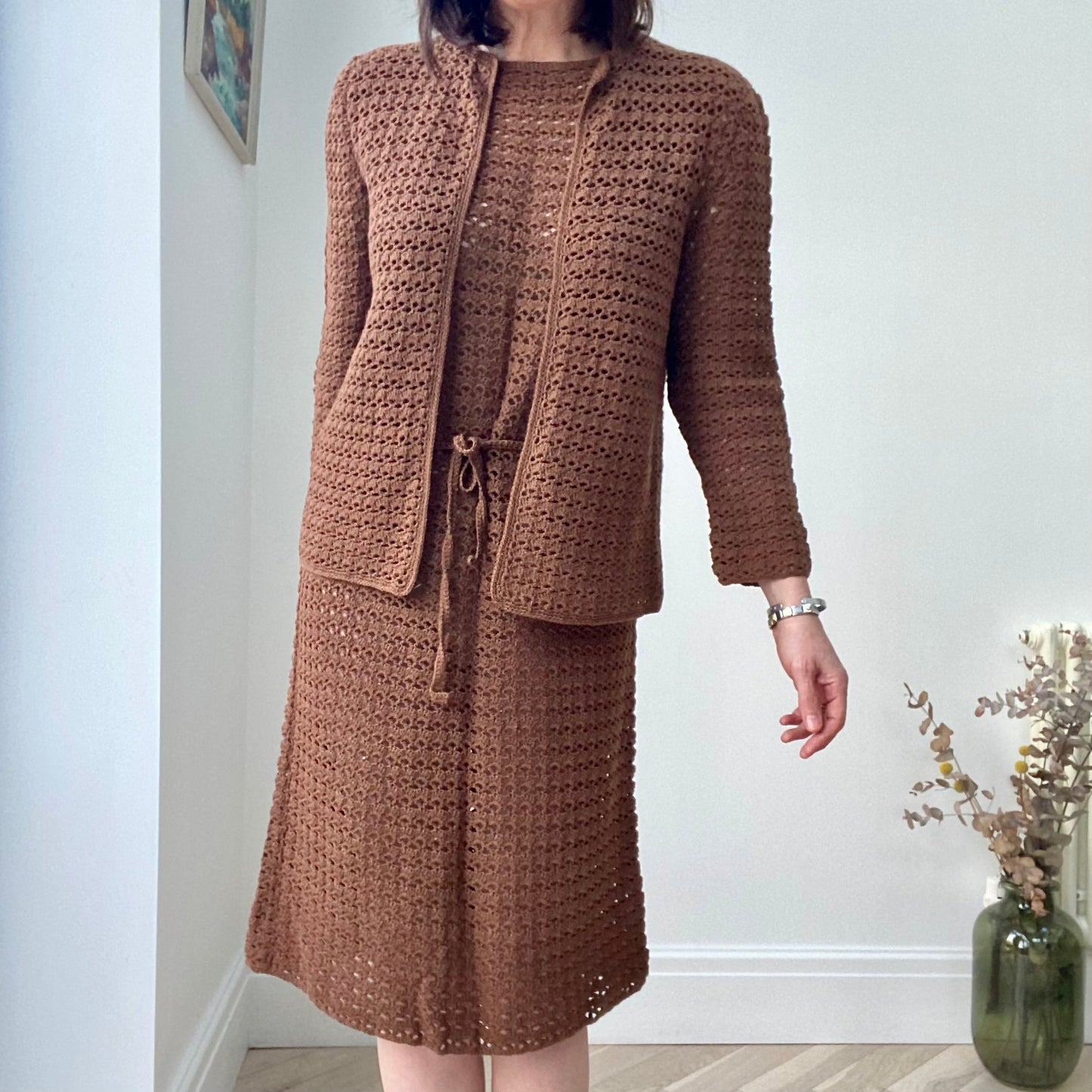 Crochet 60s Brown Dress Suit